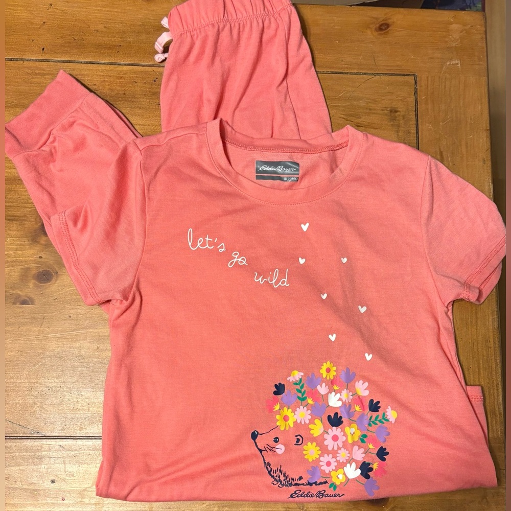 Eddie Bauer Coral Girls' Pajama Set with Floral Hedgehog Graphic